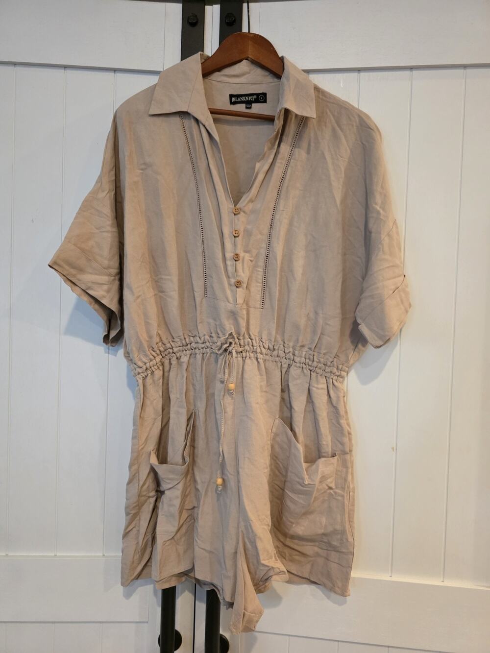 BLANKNYC Women's Large Tan Utility Romper Short Sleeve Drawstring Waist Casual